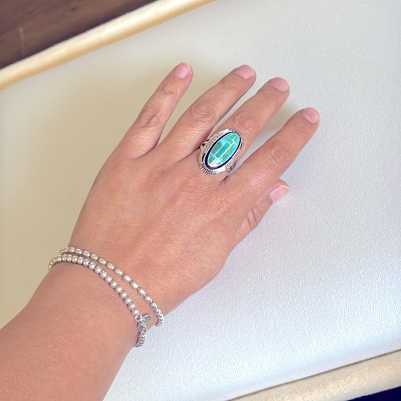 Navajo Handmade vintage Silver and Turquoise Inlay Ring size 9 - Picture 7 of 14